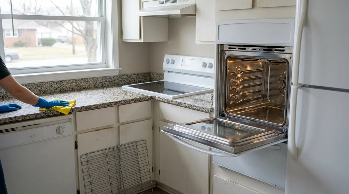 A kitchen counter and open oven mid deep-clean in an empty rental unit