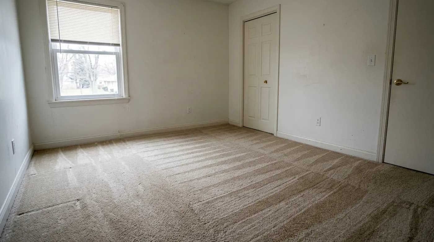 An empty bedroom with fresh vacuum lines in the carpet