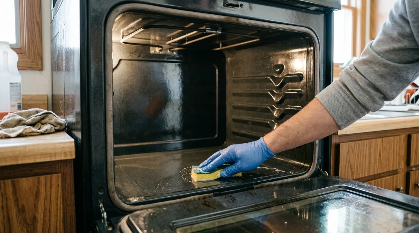 The inside of an oven being scrubbed clean before a move-out inspection
