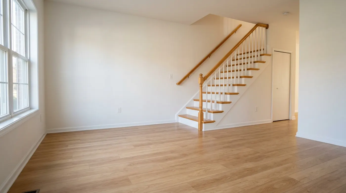 An empty townhouse living room and staircase, cleaned and ready to show