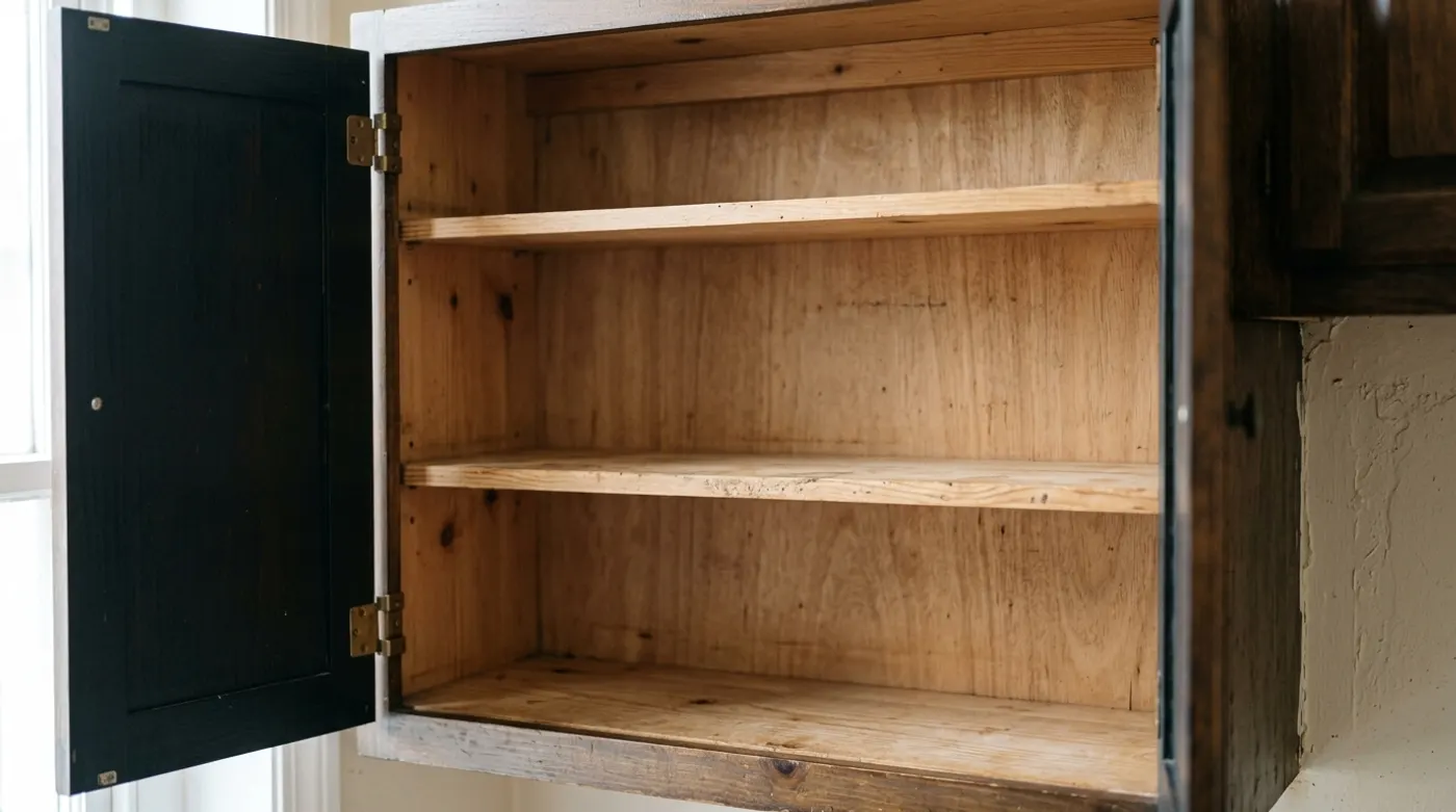 The inside of a kitchen cabinet wiped clean and empty