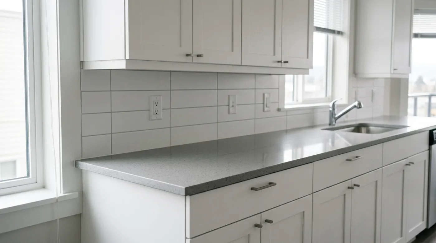 A condo kitchen counter and cabinets after cleaning