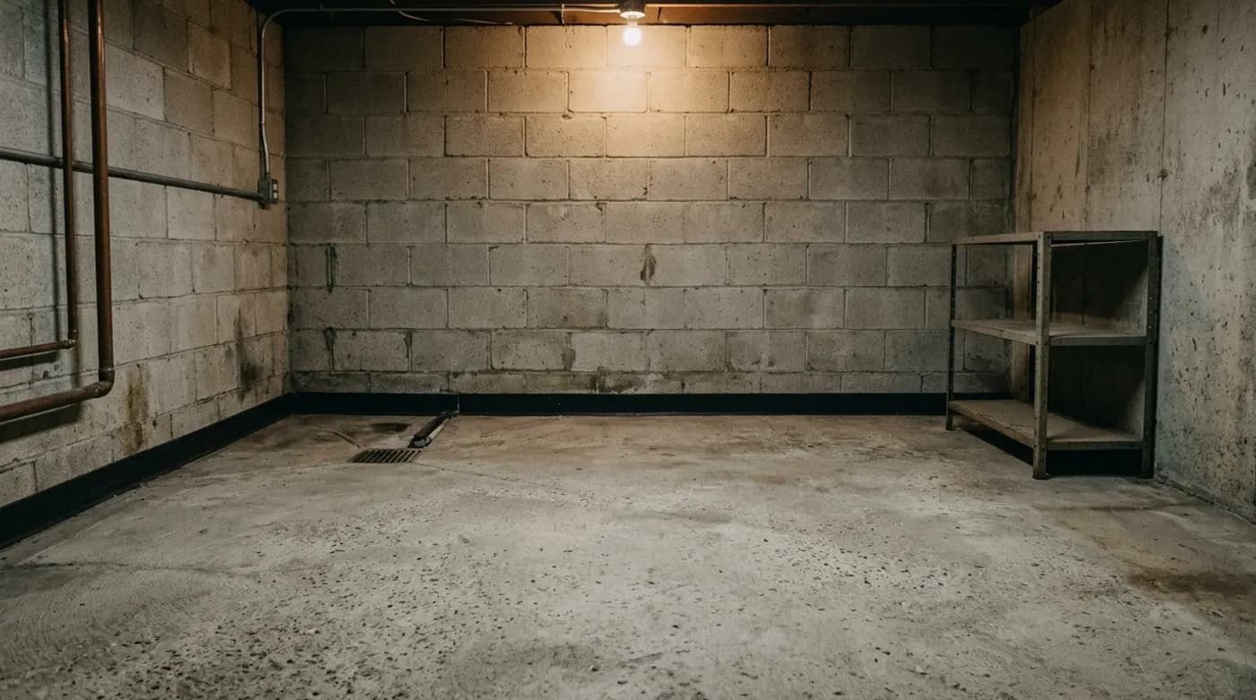 An empty basement utility area swept clean