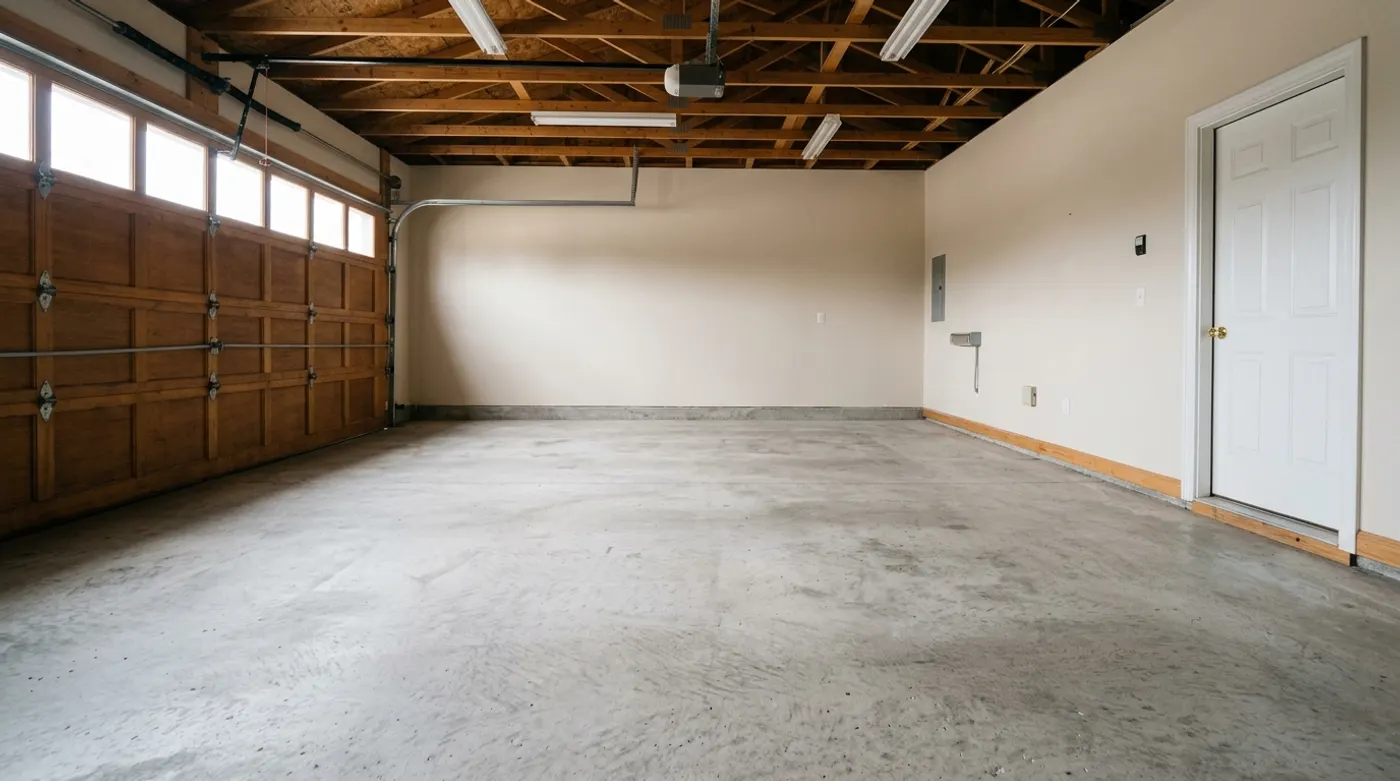 An attached garage floor swept clean