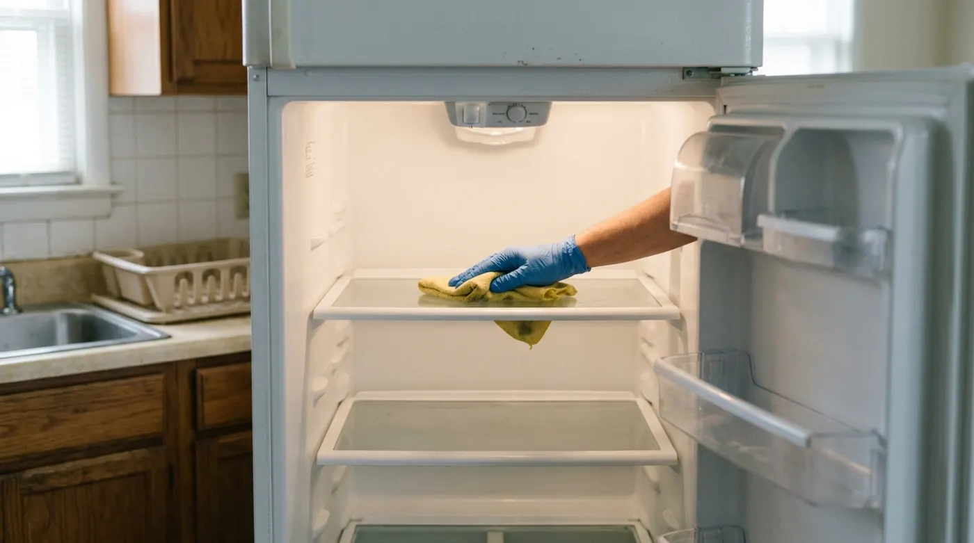 The inside of an empty refrigerator being wiped down during a unit turnover