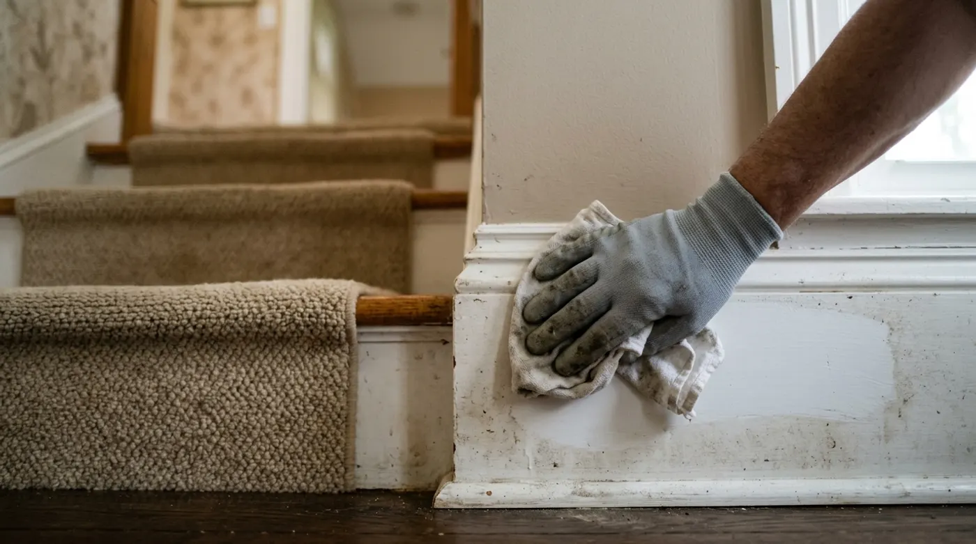A baseboard being wiped clean along a carpeted staircase