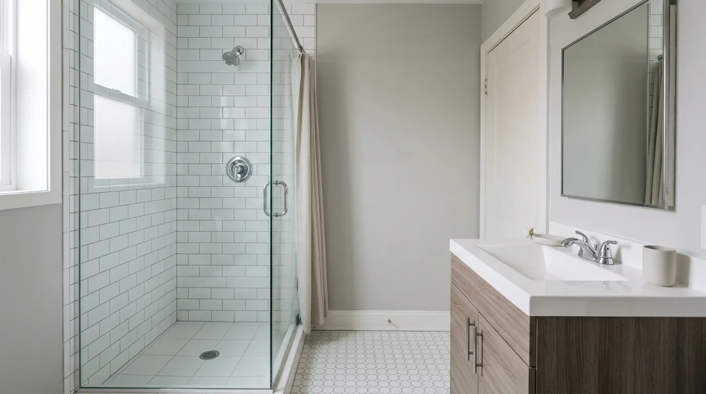 A bathroom shower and vanity after a deep clean