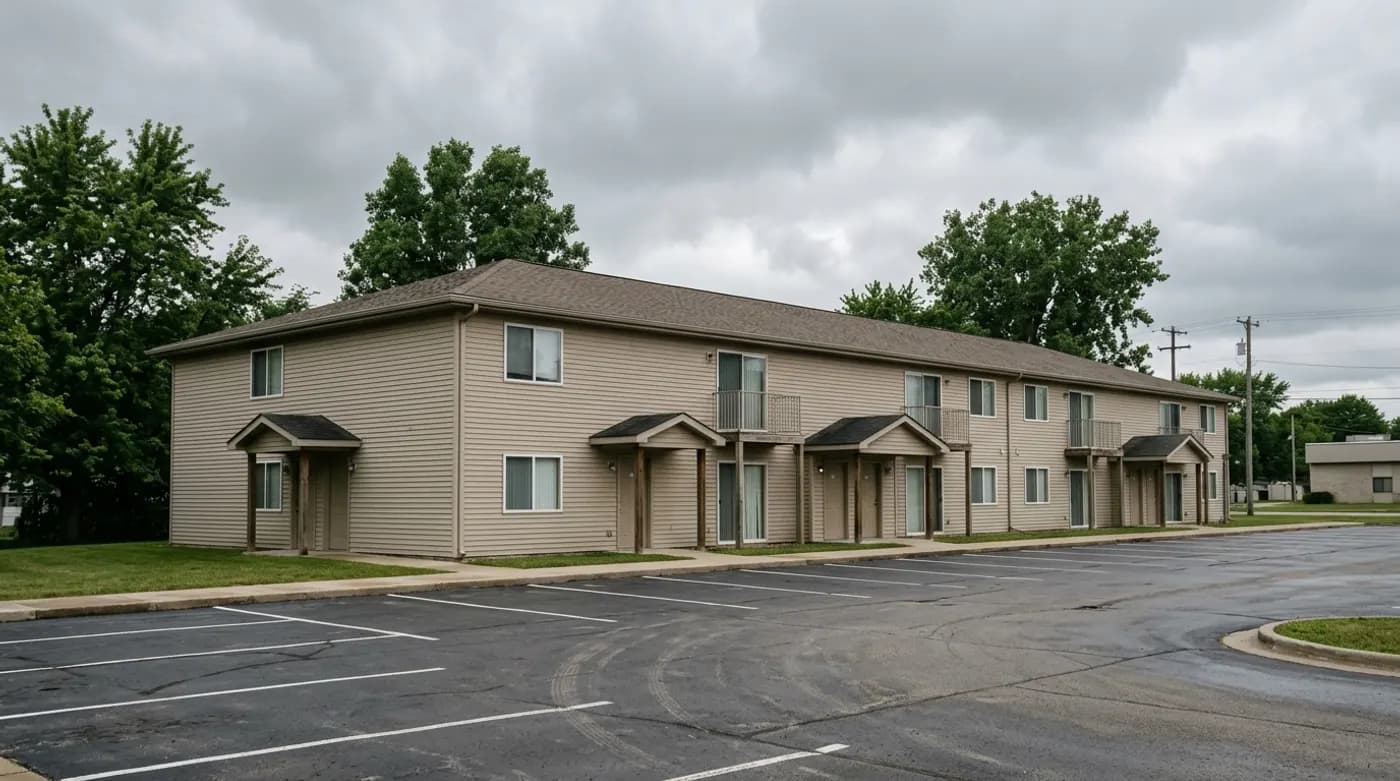 A low-rise apartment building typical of the Machesney Park rental corridor