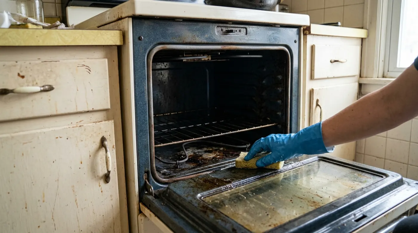 An older kitchen's oven being scrubbed clean, typical of Rockford's older housing stock