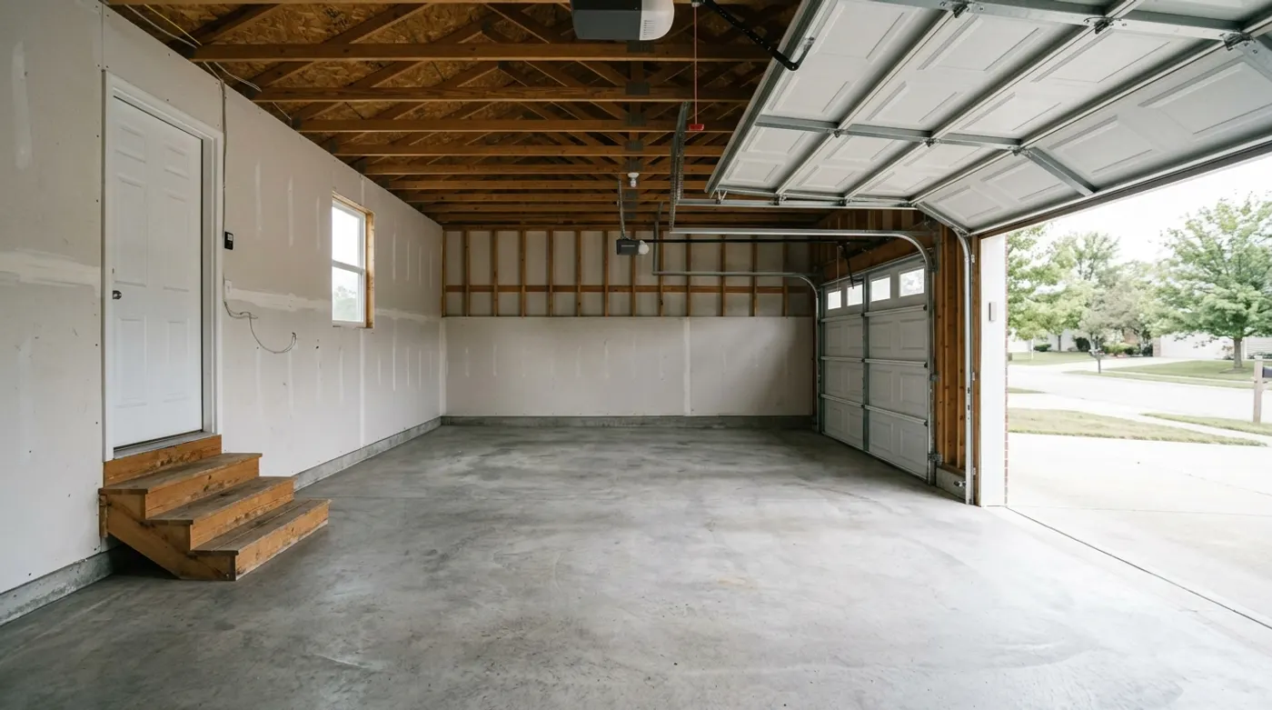 A newer attached garage swept clean, typical of Roscoe's larger single-family homes